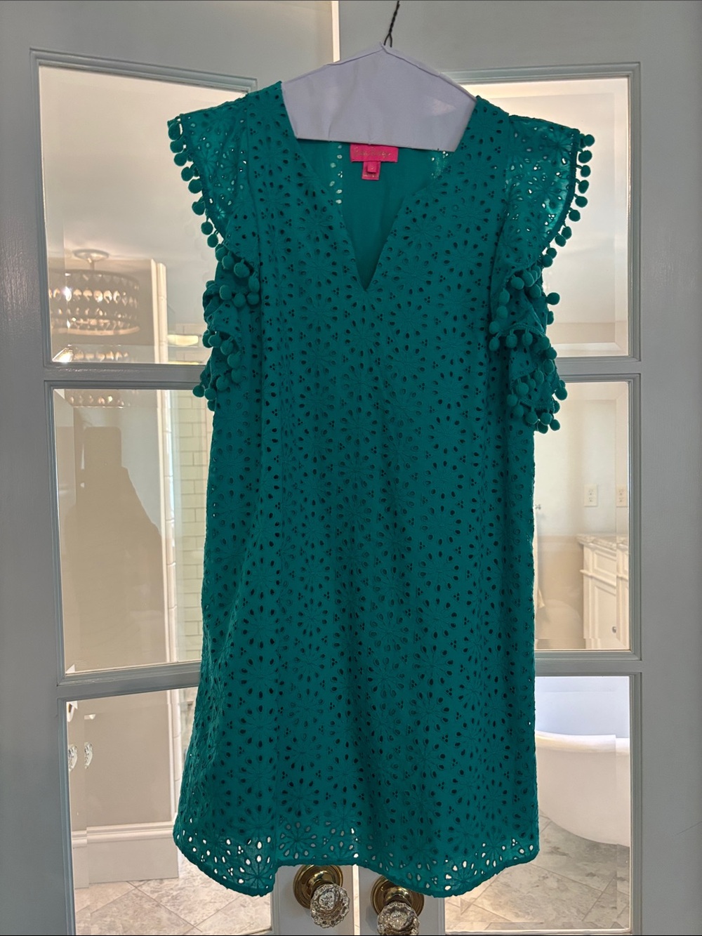 Lilly Pulitzer Teal Eyelet Dress with Pom-Pom Trim